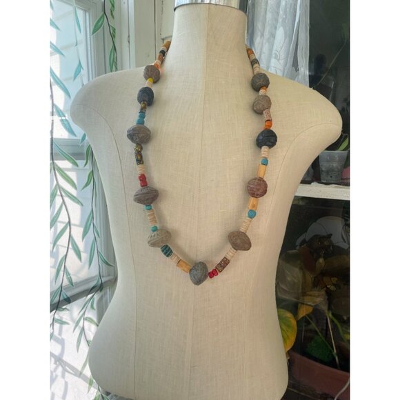 Vintage African Trade Bead Necklace HUGE Clay Beads millefiori Glass Sterling Cl - Picture 12 of 16